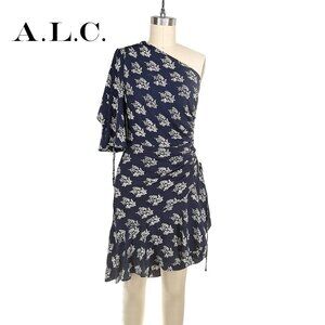 A.L.C. One Shoulder Ruched Silk Dress Navy White Floral Ruffle Hem Cocktail SZ 4